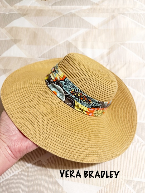 Vera Bradley Accessories - Vera Bradley Tan Straw Sun Hat with Patterned Scarf Band